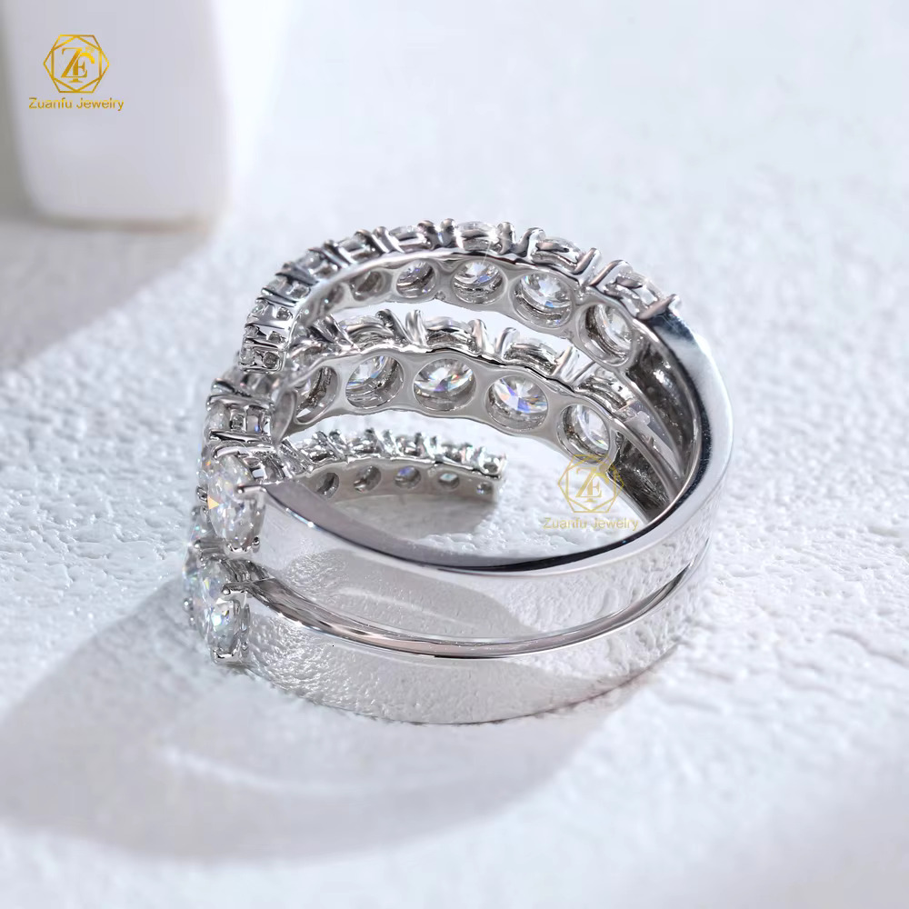 3 Rows 1.6mm - 4mm D VVS Moissanite Hip Hop Ring Wedding Jewelry 18K White Solid Gold Diamond Eternity Band Eternity Ring