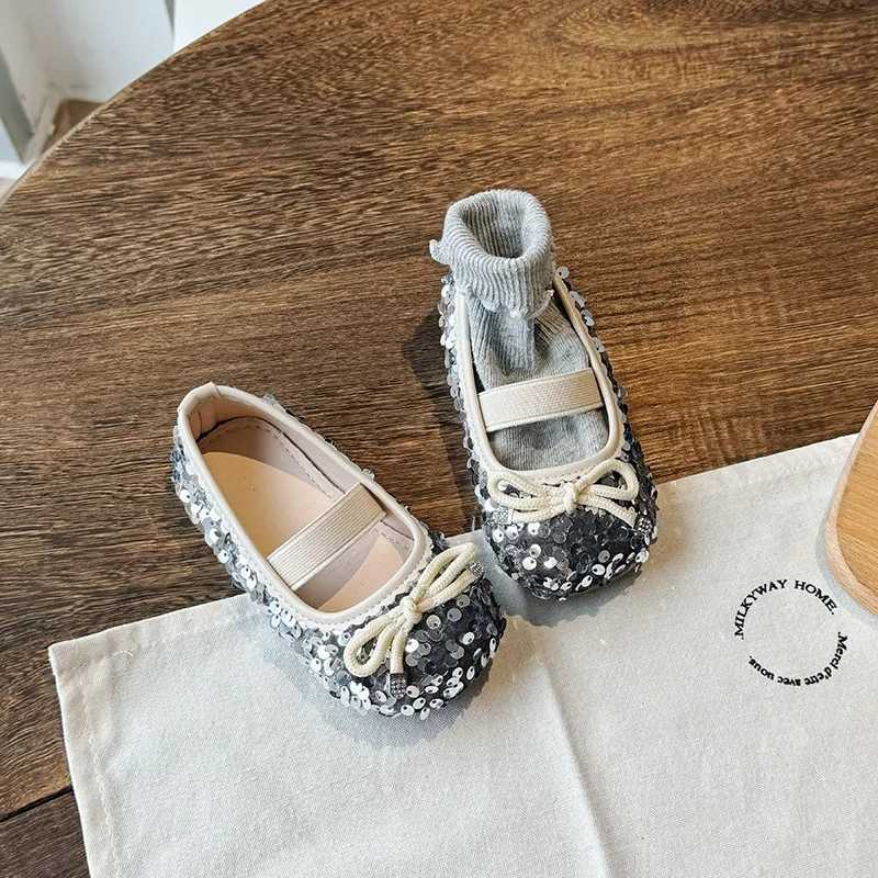 New Bling Girls Flats Shoes Bow Paillette Shallow PU Children Ballet Flats Elastic Band Non Slip Toddler Kids Princess ShoesT250306