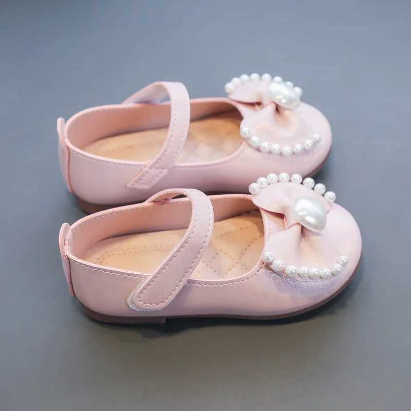 Solid Color Bow Simple Casual Pearl Cute Baby Girl Flats New 2024 Hook Loop Little Princess Soft Mary Jane Fashion Kids ShoesT250306