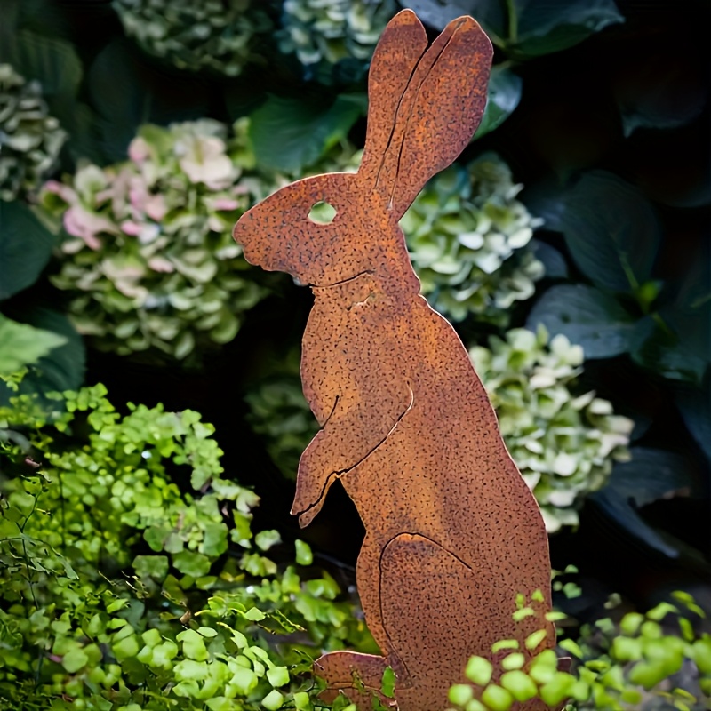 1 Piece Rustic Metal Rabbit Statue Vintage Rust Art Decorative Metal Rabbit Garden Stake Outdoor Patio Art Farmhouse Decorative Garden Ground Plugs Pe