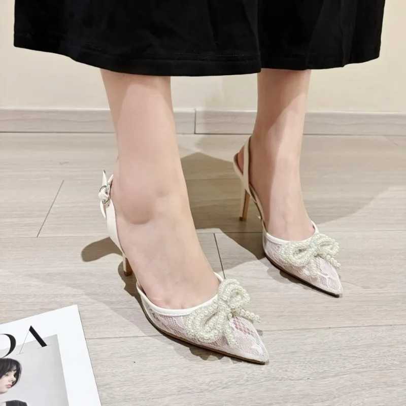 New Summer Wens High Shoes Pearl Bow Lace Pointed Sexy Versatile Sandals Closed Toe Single Shoes Y250306