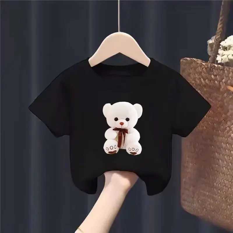 Cartoon Little White Bear Printed Round Neck T-shirt Short Sleeve Casual Boys and Girls New Trend Childrens Clothing TopT250306