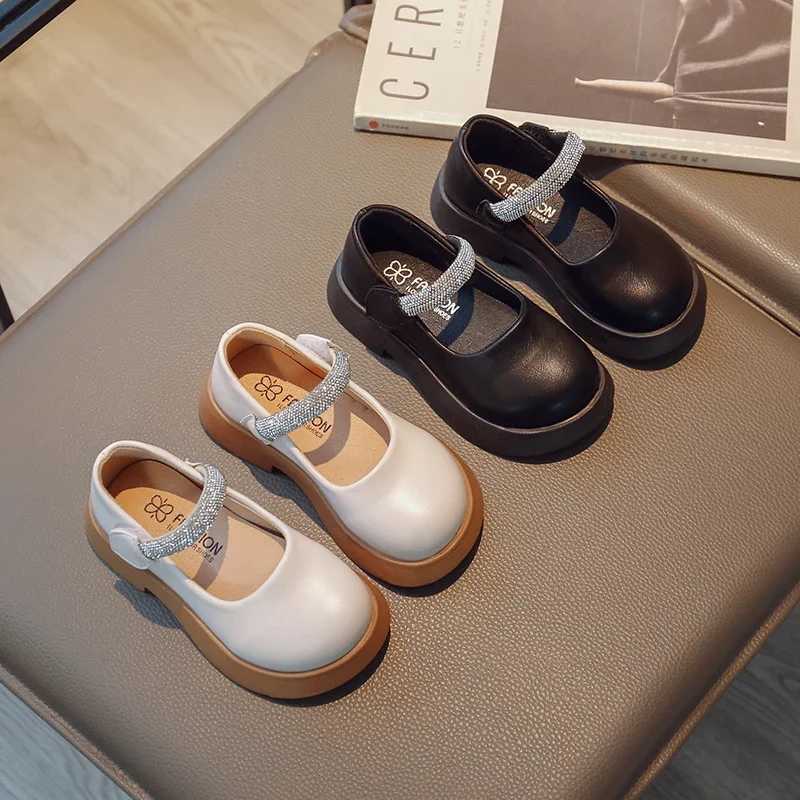Luxury Girls Mary Janes Crystal Glitter Black Beige Fashion Children Leather Shoes Chunky Round Toe 26-37 School Kids ShoesT250306