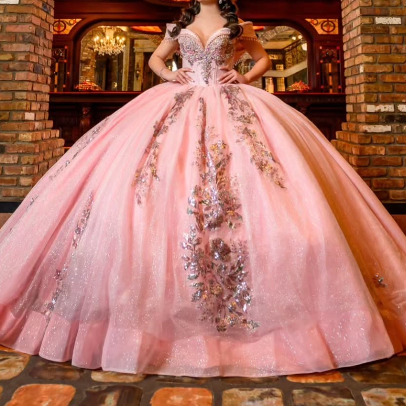 Pink Shiny Quinceanera Dress Sequin Applique Lace Beads Tull Princess Ball Gown Sweet 16 Vestidos 15 De XV Anos Party Birthday Gown