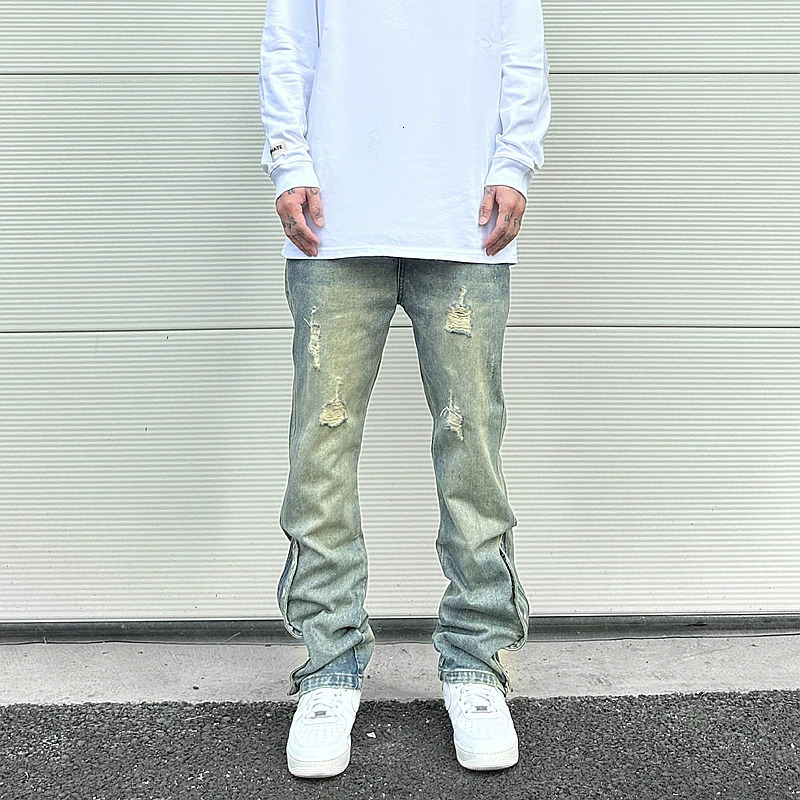 Streetwear Mens Blue Washed Jeans Relaxing Fit Side Zipper Buckle Cone Distressed Hole Denim Retro 250306wtt