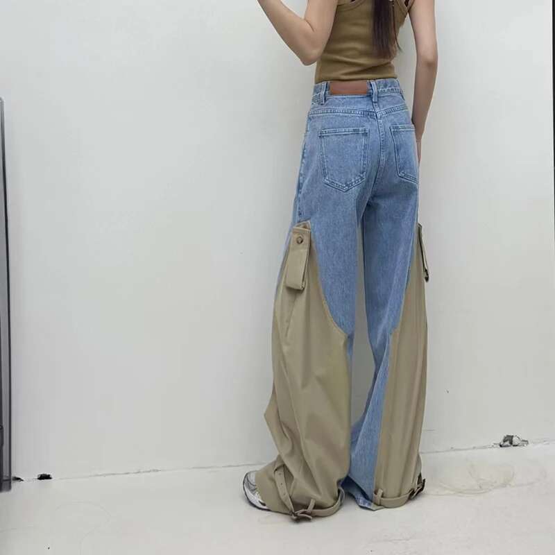 Women's Spliced Jeans, Heavy Duty Wide Leg Fashionable And Versatile Sports Pants, High Quality, Spring, New, 2025, Y2k