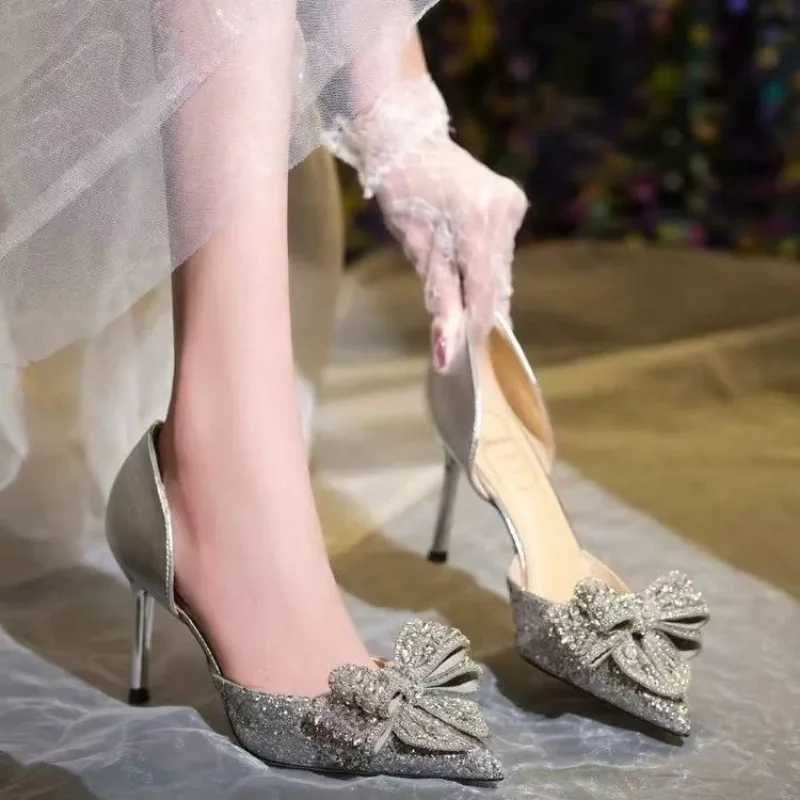Wens Bow High H Thin H Pointed Toes Rhine Pump Warm Shoes Wedding 2025 Fairy Style Banquet Zapatillas De Mujer Y250306