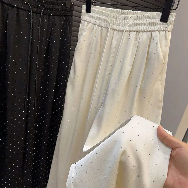 Lucys highquality y all rhinestone straight pants for women fashionable high waisted loose wide leg Trouser solid casual 250306