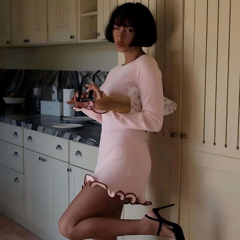 New Women's Elegant Round Neck Pleat Long Sleeve Casual Slim Pink Sexy Black Short Dresses Lady Street Chic Party Dress KLMY
