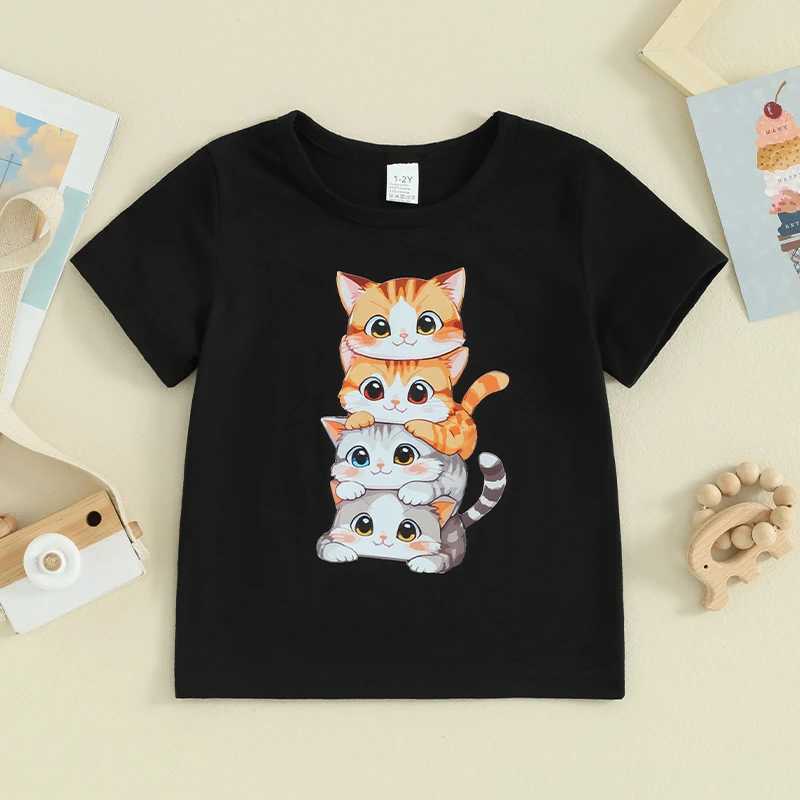 Pudcoco Summer T Shirt Cat Shirts For Girls Cartoon Graphic Tees Short Sleeve Crewneck Tops Size 1 To 8 Years Cute OutfitsT250306