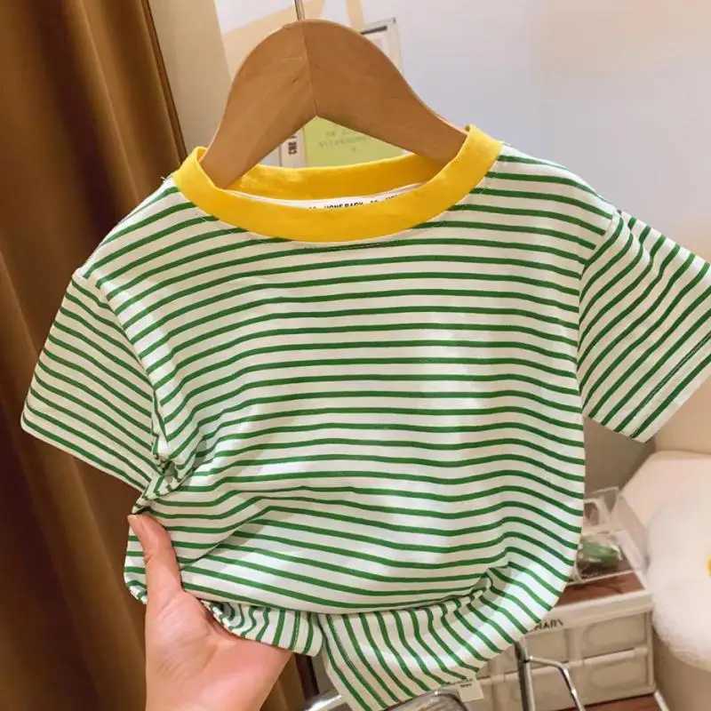 Girls Summer Short-sleeved Striped Contrast T-shirt Fashion Tops Childrens Wear Pure Cotton Casual Loose Versatile Base ShirtT250306