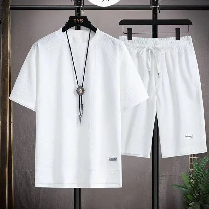 Summer Mens TShirt and Shorts Sets Casual Solid Color Two Piece Set Waffle Fabric Tracksuit mens Fashion Clothing 250305