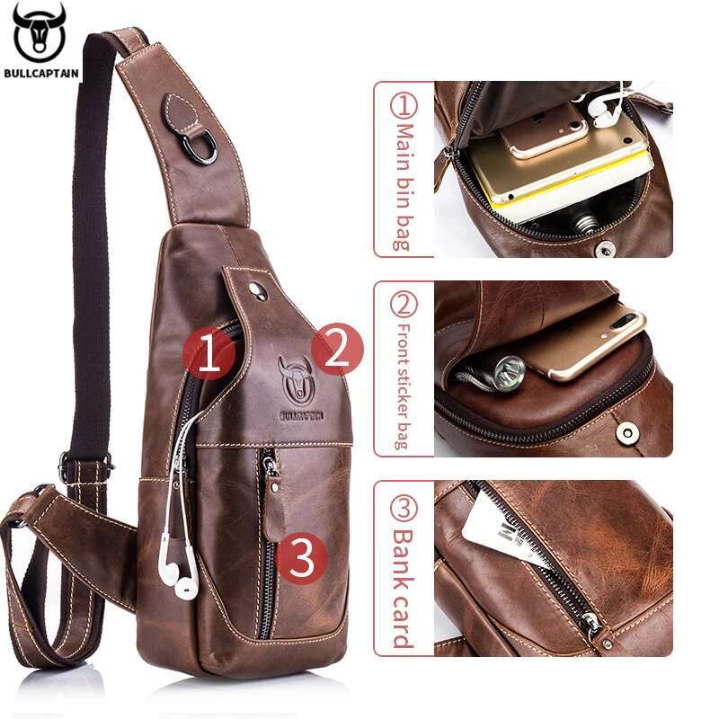 BULLCAPTAIN Genuine Chest Casual Triangle Crossbody Design Travel Shoulder Backpack Men Leather Multifunctional Bag
