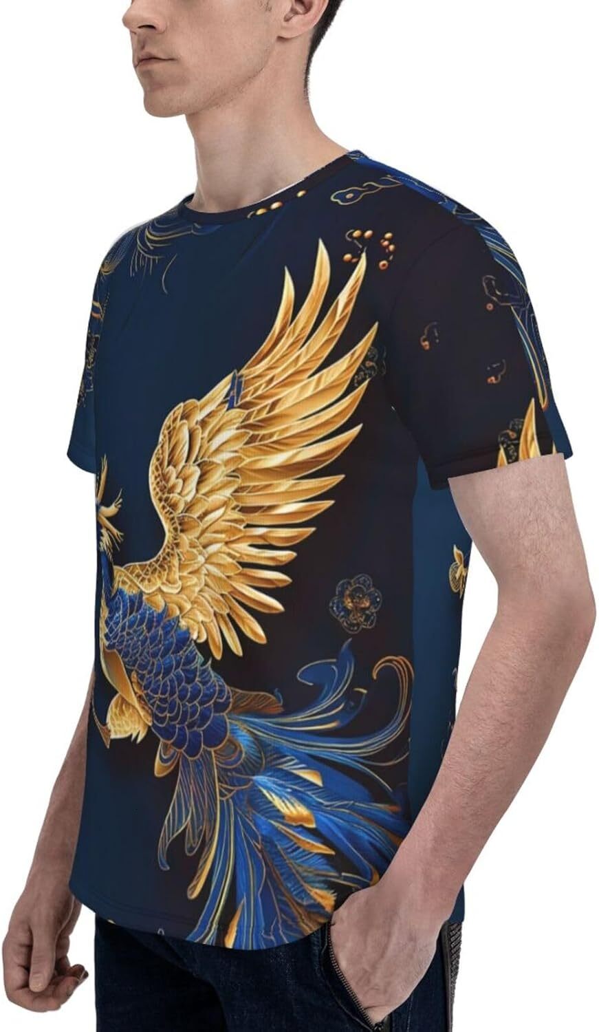 Mens T shirt Blue Gold Phoenix 3D Graphic T-Shirt for Men and Women - Dark Blue Trendy Casual Soft Comfort Crew Neck Tee tee Casual tops summer clothe