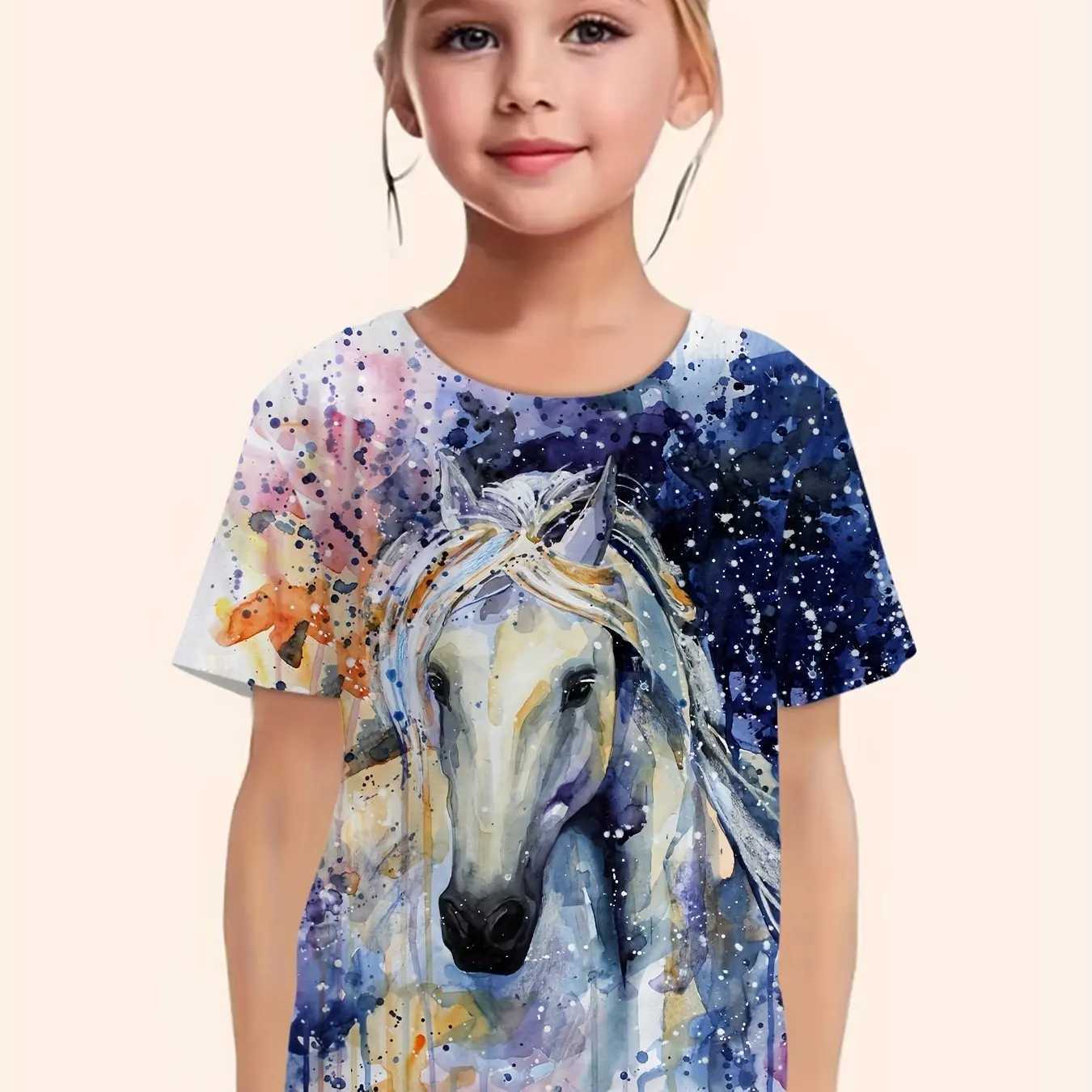 Childrens Clothing Girl Clothes Short Sleeve Girl T-Shirt Casual Vintage Horse Print Kids Summer Clothes Girl Top O-Neck TeesT250306