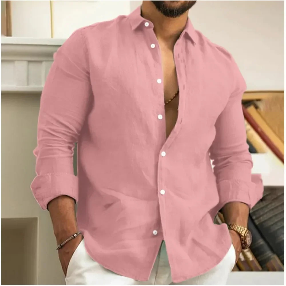 Mens Summer Beach Shirt Linen Button Up Long Sleeve Plain Lapel Spring Casual Daily Clothing 250227Z