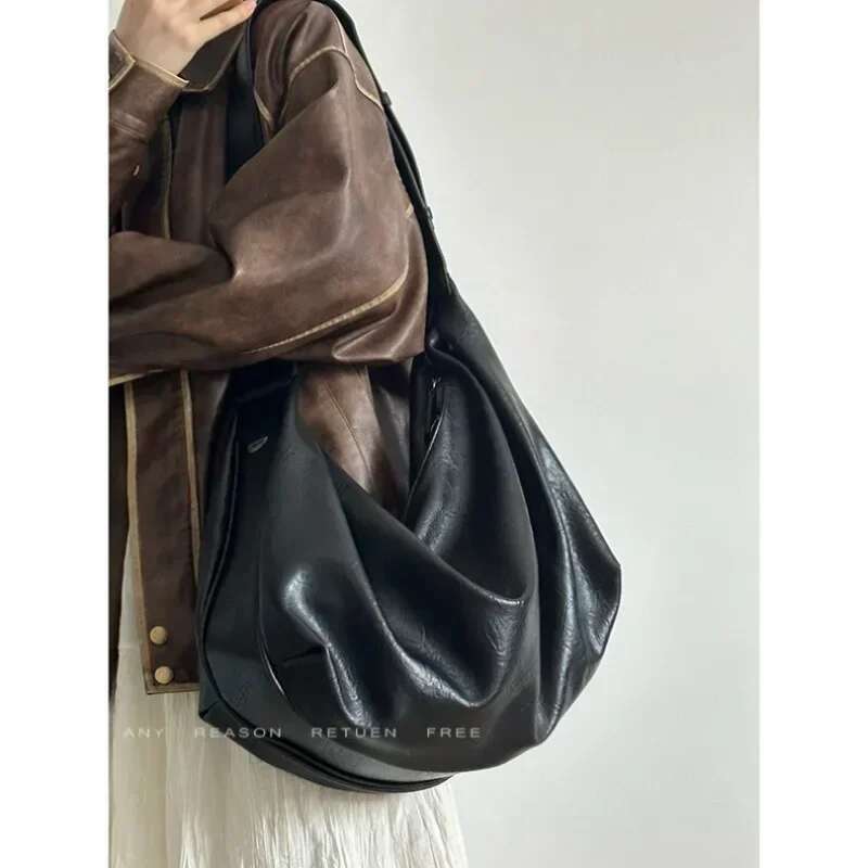 Soft Leather Large-capacity Black Dumpg Women's Retro High-end Casual One-shoulder Crossbody Tote Bag 2024 Autumn New
