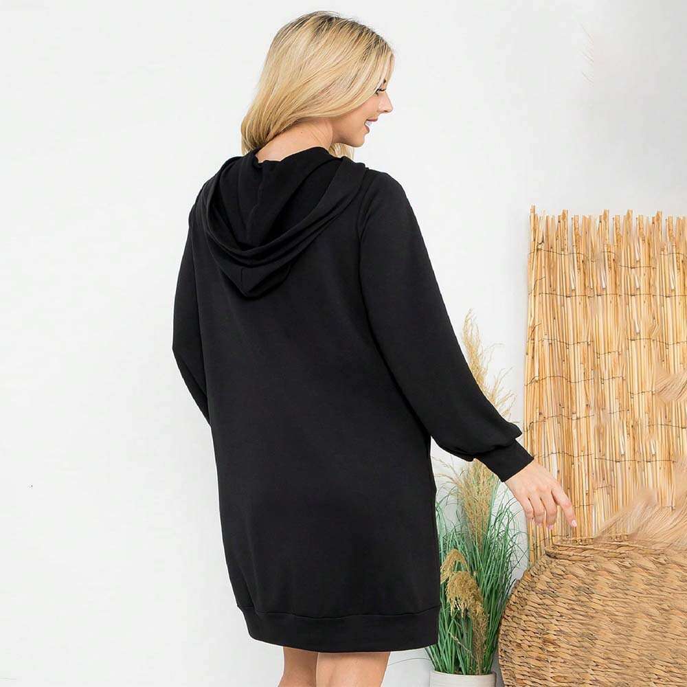 New Women's Casual Style Versatile Autumn And Winter Mid To Long Loose Drawstring Hooded Sweatshirt Dress KLMY