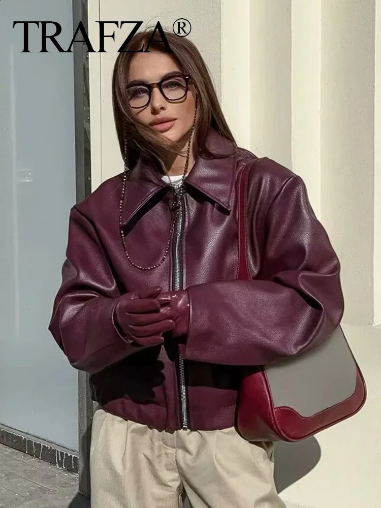 TRAFZA Women Fashion Bury Faux Leather Jackets Casual Lapel Long Sleeves Coat Zipper Autumn Female High Street Outerwear 250228