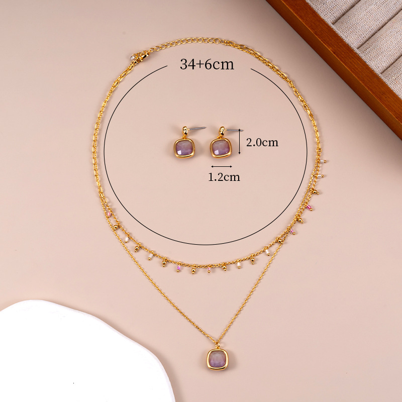 Japanese And Korean Simple Ins Square Amethyst Pendant Stack Wearing Collarbone Chain Female Niche Design Temperament Necklace Jewelry