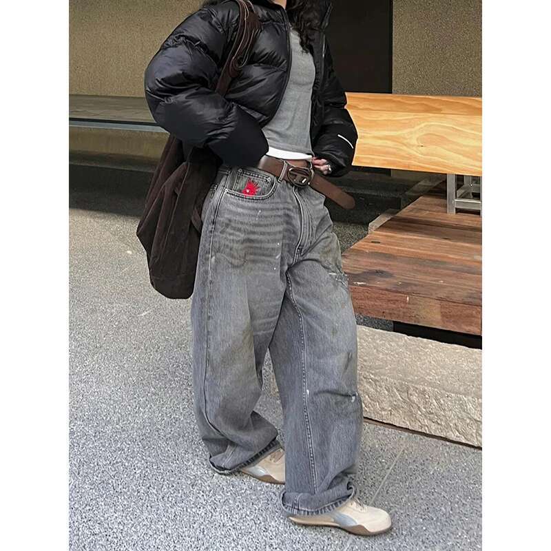 2025 Spring Woman Vintage Waist Wide Leg Jeans Female High Street Y2k 2000S Casual Pants Gray Loose Cargo Denim Trouserse