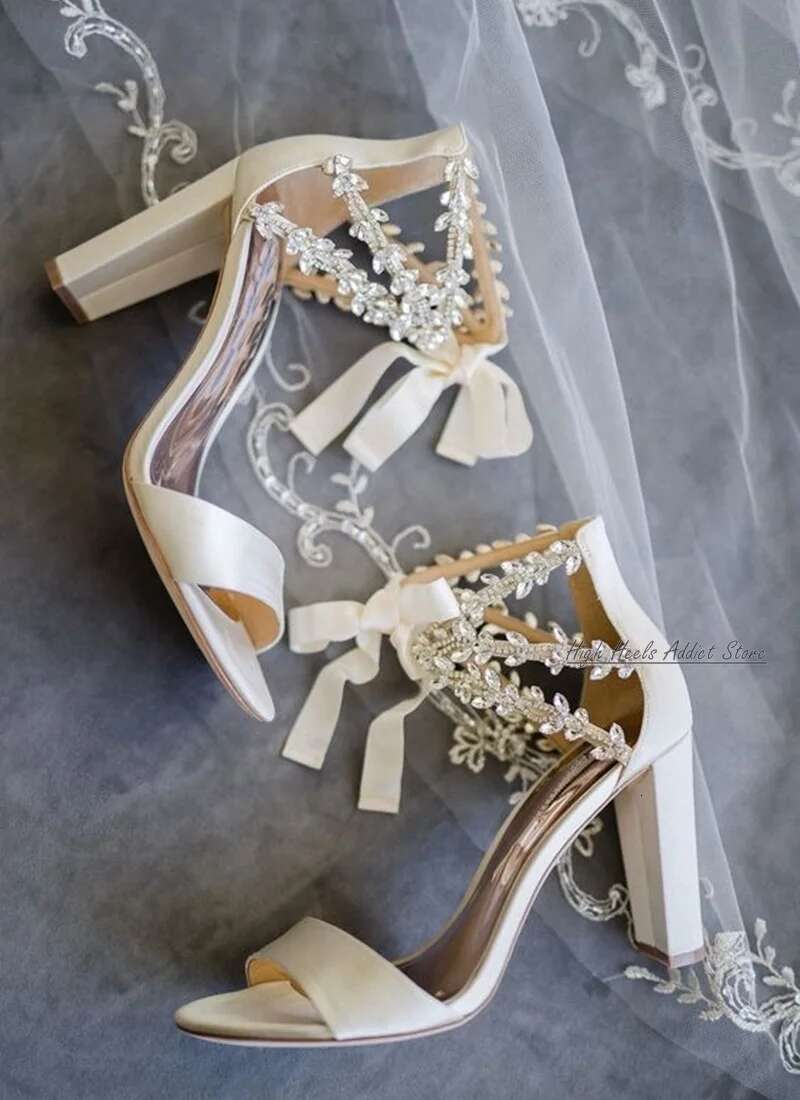 Wedding Crystal Satin Block Heel Sandals Women White Chunky High Heels Lace up Designer Bride Summer Elegant Comfy Shoes 250311