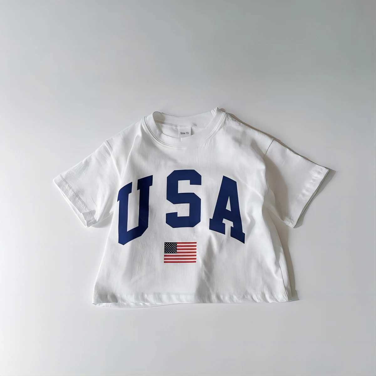 Korea Summer Kids Boys Girls Tee Oversized USA Print Short Sleeve T-Shirt Cotton Casual Tops Infant Outfit Toddler Clothes 6M-4YT250306
