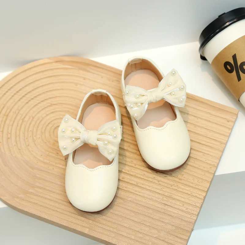 Children Mary Janes Beading Ribbon Black Beige Girls Princess Shoes Shallow Flexiable Elegant Fashion Kids Flat Shoe 21-30T250306