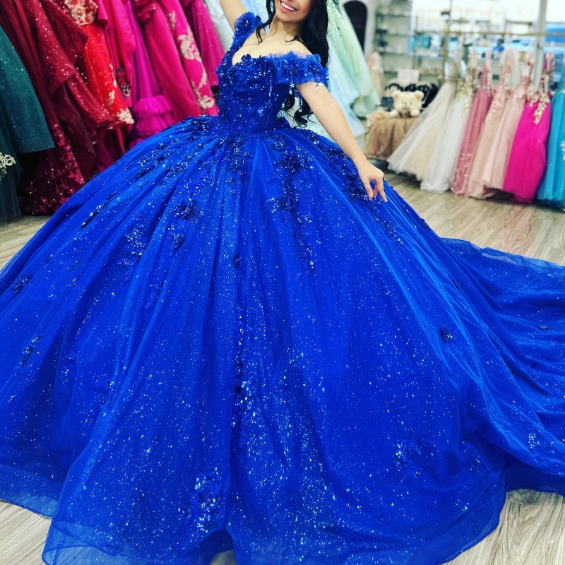 Royal Blue Shiny Quinceanera Dresses Ball Gown Off Shoulder Applique Lace Beading Tull Corset Sweet 16 Dress Vestidos 15 De Anos