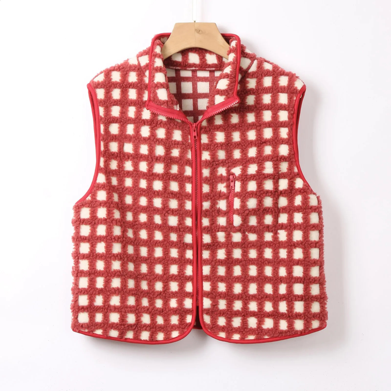 Retro Women Plaid Vest Jackets Autumn Winter Red Sleeveless Jacket Coat Stand Collar Zipper Vintage Outwear Coats 250227Z