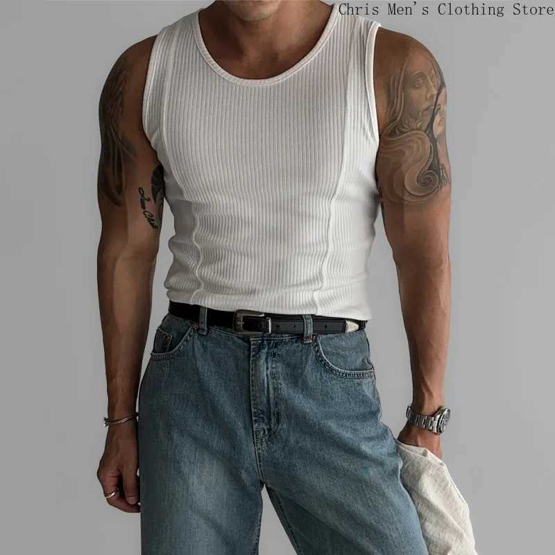 Muscle Men Elastic Tight Vest Street Fashion Solid Color Knitted Vest Fitness Sports Running Mens Sweatshirt Mens Base CoatT250318