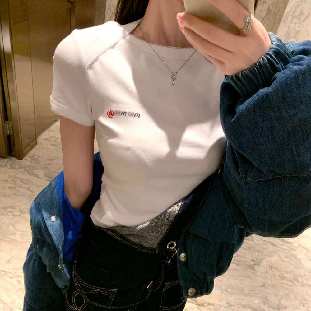 Spring And Summer New Small Sailboat Embroidery Fashionable Sweet Collar Lace Slim Fit Round Neck Shoulder Short Sleeved T-Shirt