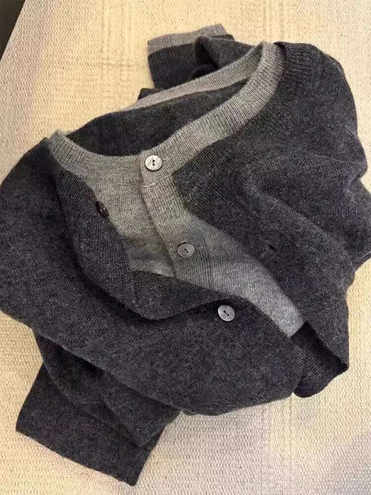 Fake Two 100% Pure Cashmere Sweater Cardigan Dark Grey High-Grade Wool Knit Coat Top