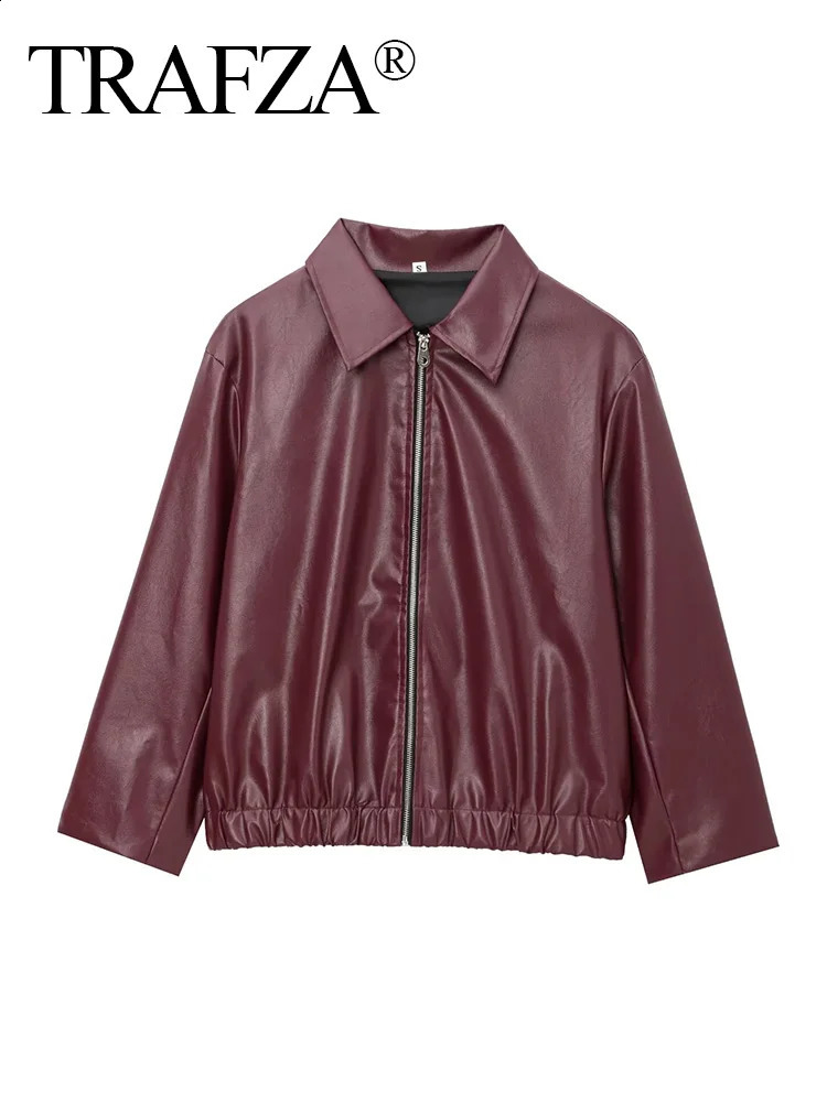 TRAFZA Women Fashion Bury Faux Leather Jackets Casual Lapel Long Sleeves Coat Zipper Autumn Female High Street Outerwear 250228