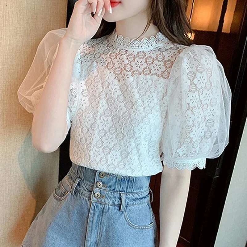Summer Hollow Out Short Puff Sleeve White Blouse Sweet Lace Shirt Fashion Elegant Stand Collar Tops
