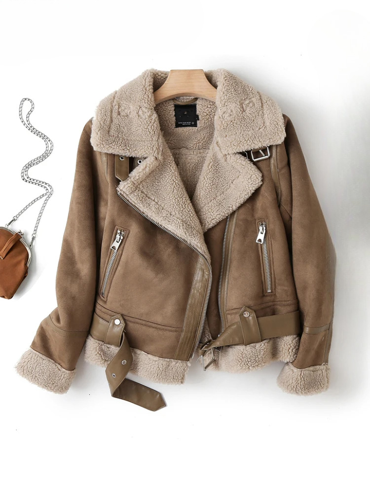 Brown For Women Winter Vintage Fur Integrated Jacket Lapel Long Sleeves Jackets Female Outwears Chic