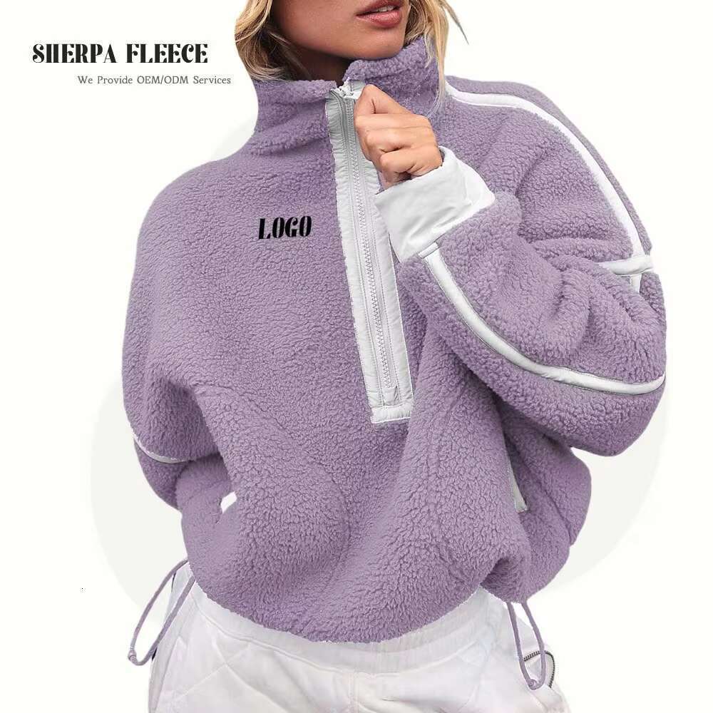 Fall Winter Fashion Casual Half Zip Turtleneck Pullover Hoodies Ladies Women's Sherpa Fleece Sweatshirt Wholesale