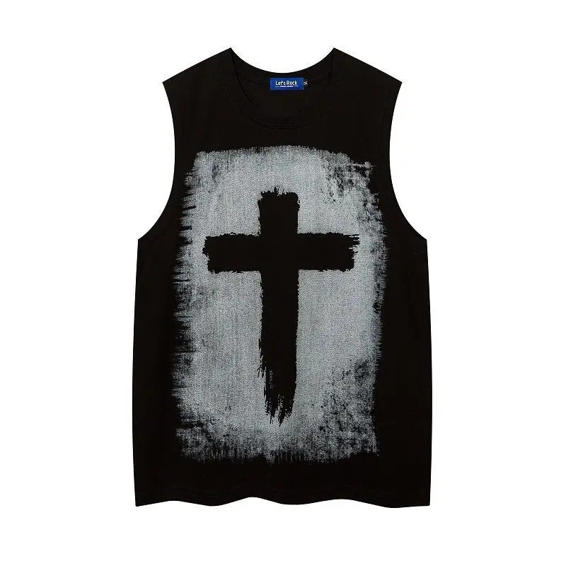 Mens Summer O-neck Sleeveless Short Sleeved Gothic Cross Printed Vests Trendy High Street American Retro Loose Casual Tank Tops 250306
