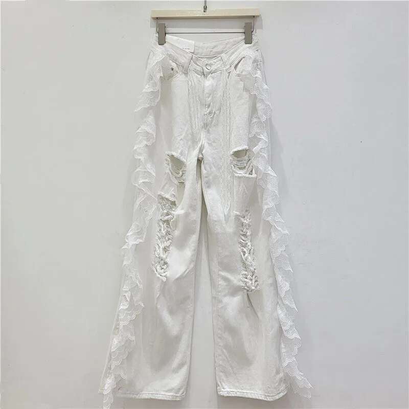 DEAT Women's Fashion Straight Broken Holes Denim Pants Spring New Female Long Wide Leg Lace Wer Edge Jeans Trendy 11A03111