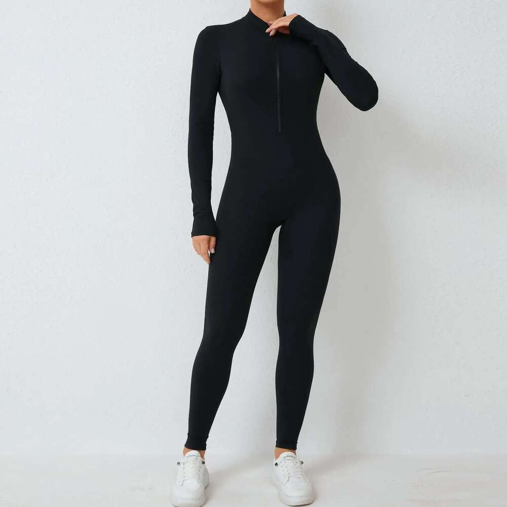 New Nylon Pad Zipper Women Tracksuit Yoga Set One Piece Jumpsuit Workout Scrunch Legging Rompers Sport Gym Active Suit Exercise KLMY