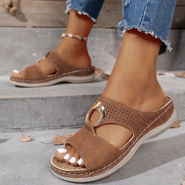 Large size Wind Fish Mouth Thick Bottom Slope Heel Slippers 2025 Summer One Word Strap Beach Women's Shoes #ddmykukumalu