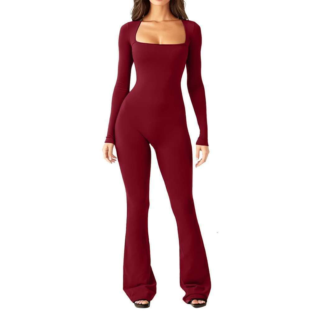 New Women Autumn Long Sleeved Square Neck Slim Fit Flared Bodycon Pants Romper Playsuit Elegant Simple Women's Jumpsuit KLMY