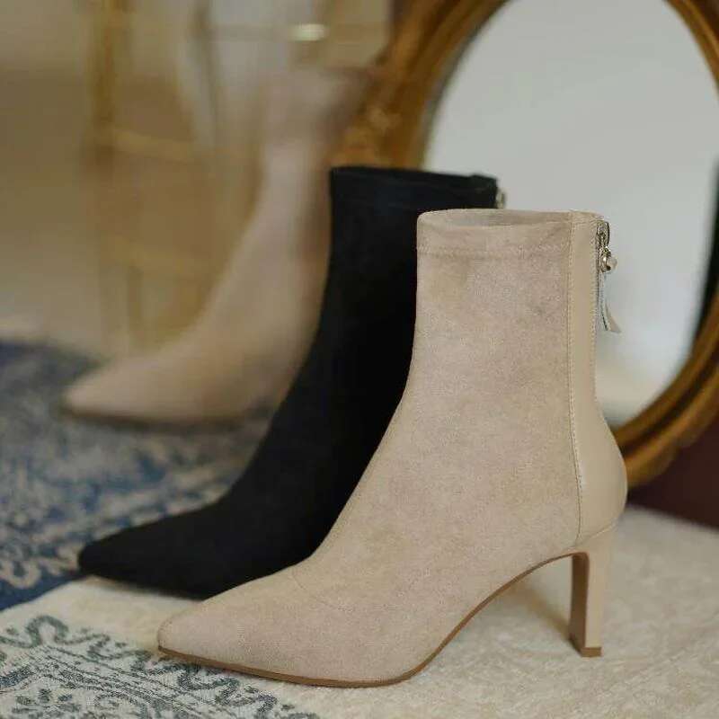 High Suede Women's Korean Style Autumn and Winter Mid Heel Stretch Thin Pointed Toe Back Zip Sock Boots Women