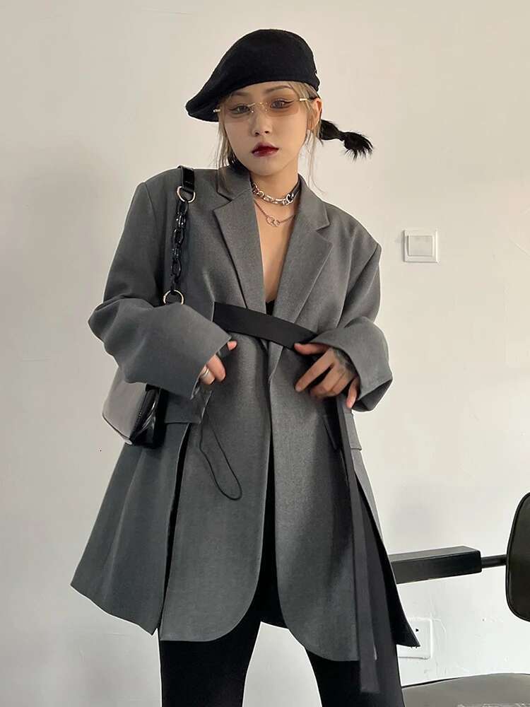 EAM Gary Bandage Slit Casual Blazer Women New Lapel Long Sleeve Loose Fit Jacket Fashion Tide Spring Autumn 2025 30A1760