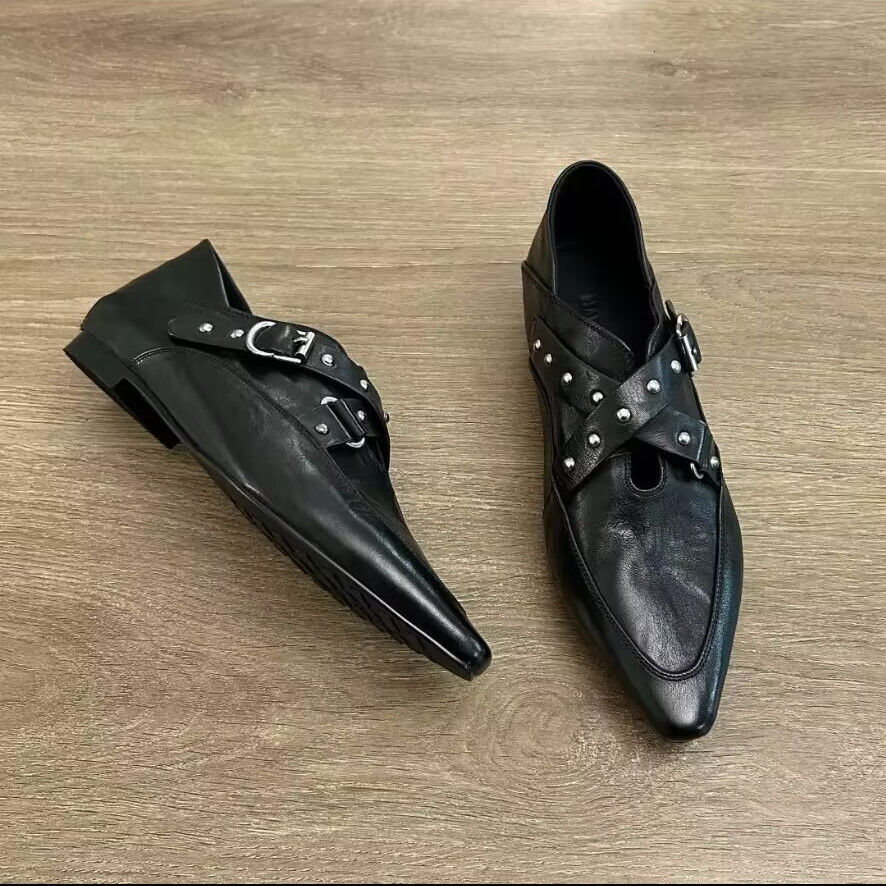 High end genuine leather 2025 new model, two in one, niche design, belt buckle, willow nail single shoe, women's flat bottom, Mary Jane