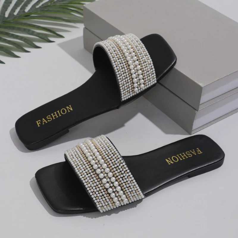 Womens Wen Luxury Pearl Slippers Summer Square Toe Flats Slides Sandals Wan N Slip Beach Flip Flops Big Size Slippers Y250306