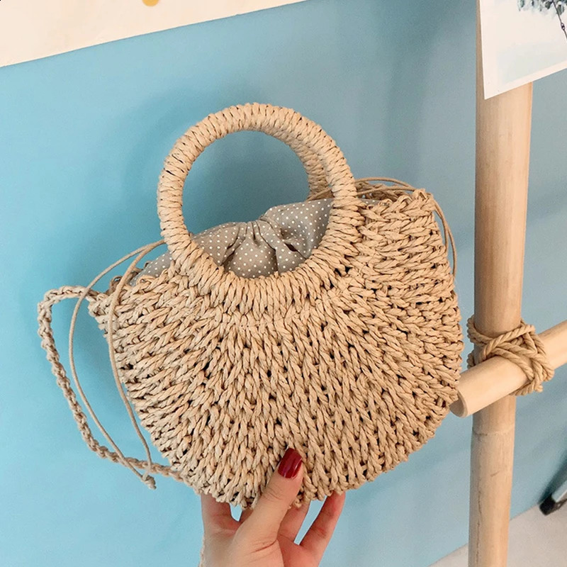 Half-Round Rattan Beach Bag Women Large Capacity Handle Bag Summer Beach Bags Travel Weave Handle Bag Bohemia Shoulder Bag 250303