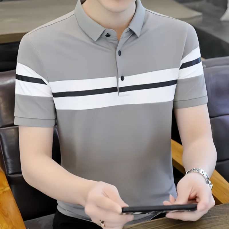 Summer Mens Lapel Short Sleeve T-shirt Handsome Slim Fit Casual Pullover Top Fashion Half Sleeve Color Matching Polo Shirt X250306