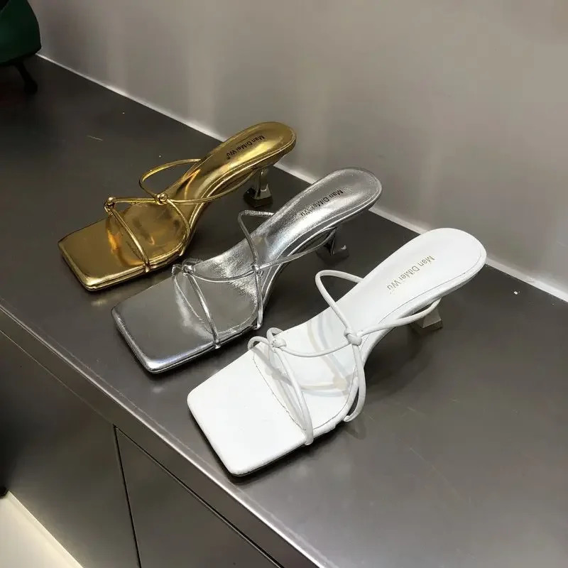 Korean Summer Women Thin Heels Sandals Ins Squared Toe Thin Bandeau Med Heels Slippers Sexy Gold Silver Black Shoes 250306
