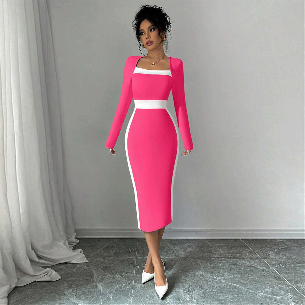 New Women's Patchwork Contrasting Mid Length Skirt Sexy Hip Hugging Long Sleeved Dress KLMY